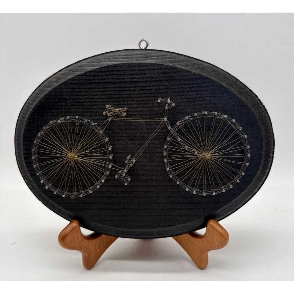 Vintage Wire & Nail String Art Bicycle Artist Signed 8” Oval Wood Plaque